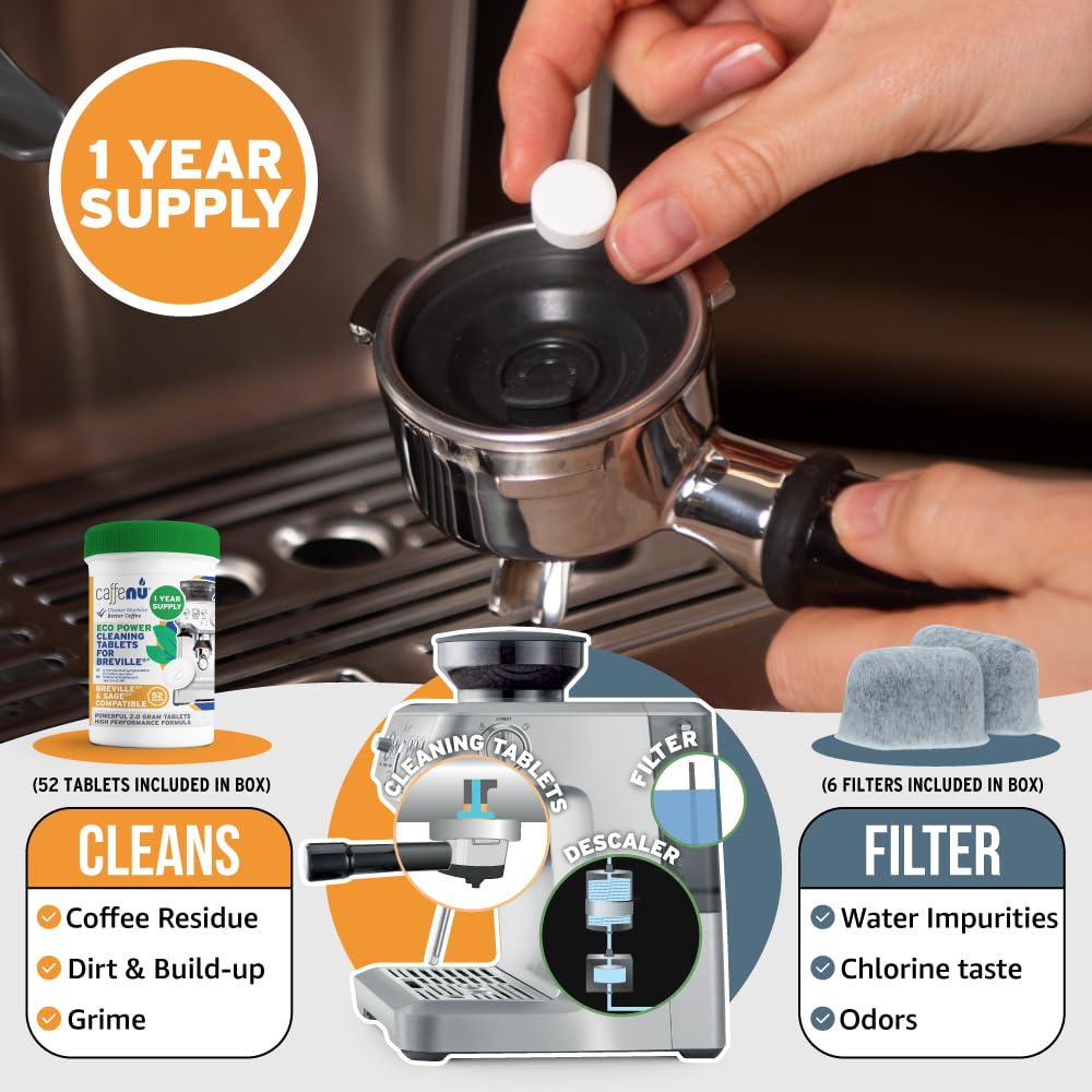 Caffenu Kit Compatible with Breville Espresso Machines. 52 Espresso Machine Cleaning Tablets & 6 Water Filters. Helps Remove Coffee Oil Build-Up. 1 Year Supply Kit Compatible with Breville