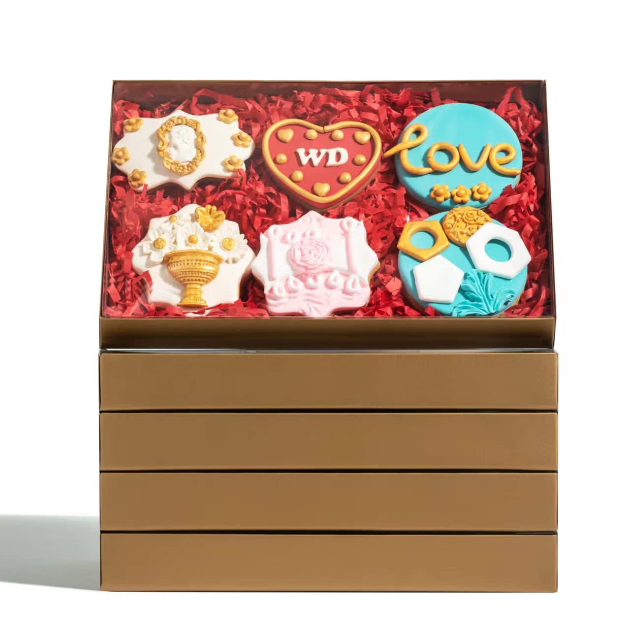 RomanticBaking 9 1/2" x 6" x 1 1/4" 24 PCS Gold Cookie Boxes Two Pieces Set with Full Window, Simplex Base with Clear Lid