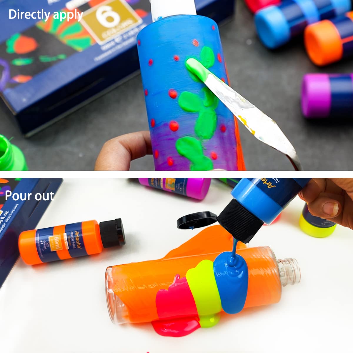 Artecho Acrylic Paint, Paint Set, 6 Neon & Glow in the Dark 2-in-1, 2 Oz Acrylic Paint Supplies for Wood, Fabric, Crafts, Canvas, Leather&Stone