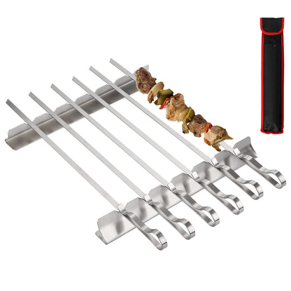 Dicunoy 9 Pcs Metal Barbecue Skewers Shish Kabob Set, 17" Heavy Duty Flat Wide Kabob Skewers for Grilling, Reusable Stainless Steel Flat Shish BBQ Sticks with Rack Stand for Meat, Vegetable Grill