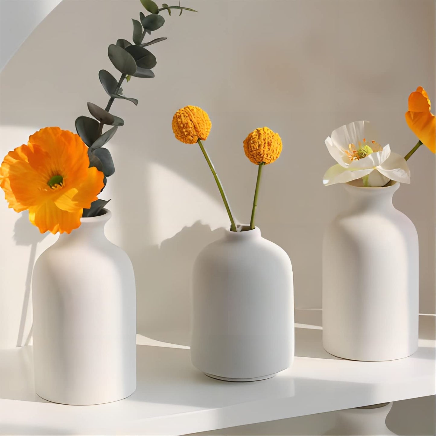 CEMABT White Ceramic vase Set-3 Small Flower vases for Decor,Modern Boho Farmhouse Home Decor,Decorative vase for Pampas Grass&Dried Flowers,idea Shelf,Table,Bookshelf ，Entryway- Distresse