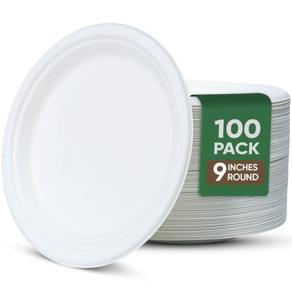 TaidMiao 9 Inch Paper Plates 100 Pack - 100% Compostable Dinnerware | Leak & Grease Resistant Disposable Plates for Parties, Microwavable, Bulk Eco-Friendly - White