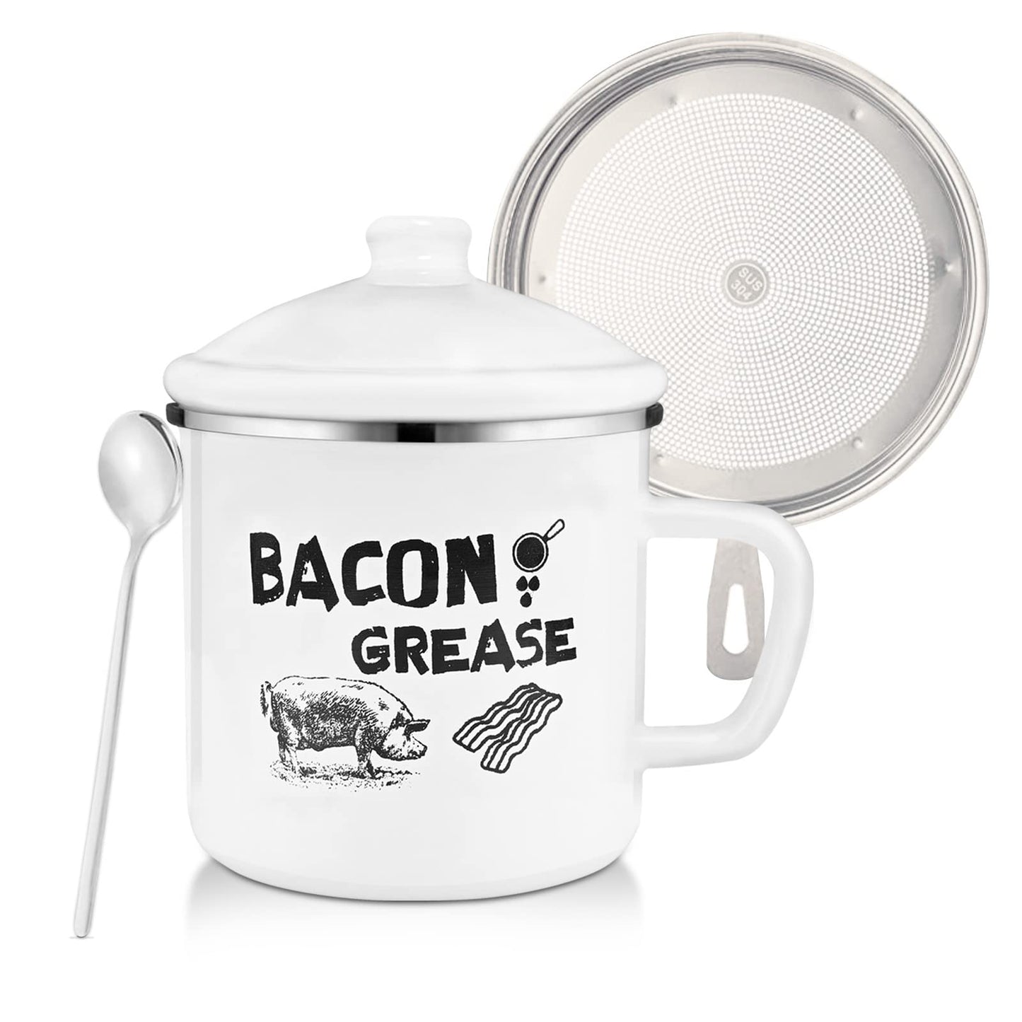 BokingOne Bacon Grease Container with Strainer, 1.5L/46oz Large Stainless Steel Cooking Oil Container with Lid & Spoon, White Enamel Bacon Grease Keeper for Bacon