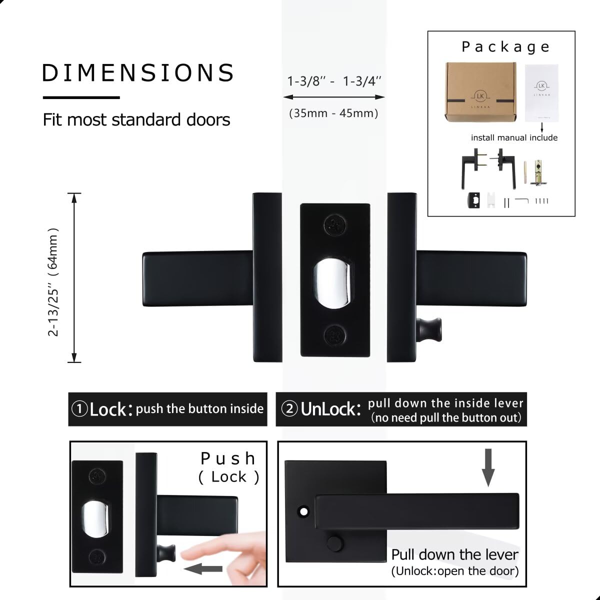 Linkaa Black Keyless Door Locks for Front Door，Bedroom Bathroom Door Lever，Interior Door Handle with Lock,Exterior Door Knob（Privacy，Push Button Lock，1 Pack）