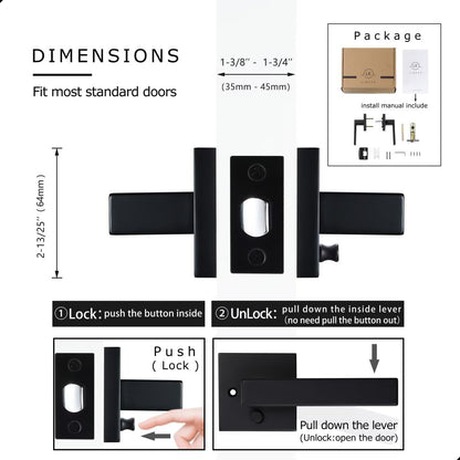 Linkaa Black Keyless Door Locks for Front Door，Bedroom Bathroom Door Lever，Interior Door Handle with Lock,Exterior Door Knob（Privacy，Push Button Lock，1 Pack）