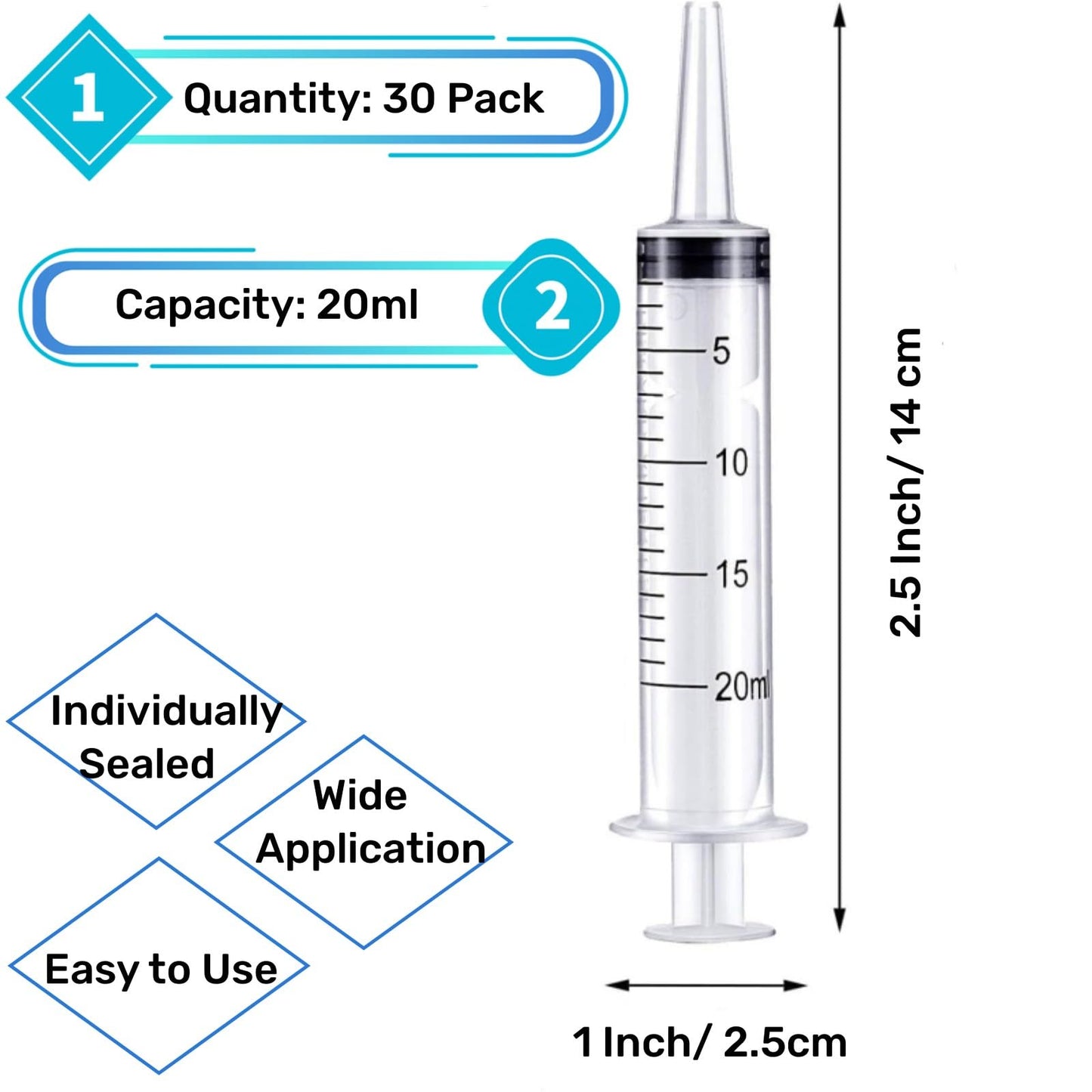 30 Pack Syringes Without Needle, 20 ml Syringe with Cap, Individually Sealed Large Plastic Syringe for Scientific Labs, Jello Shot, Lip Gloss, Food, Pet Feeding, Liquid Refilling, DIY Crafts