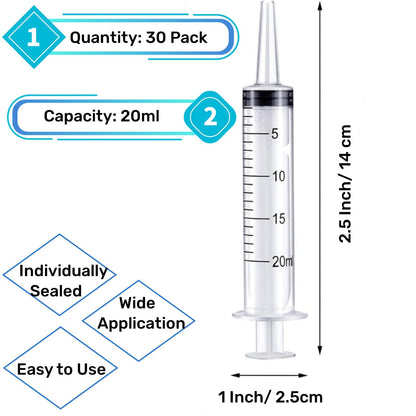 30 Pack Syringes Without Needle, 20 ml Syringe with Cap, Individually Sealed Large Plastic Syringe for Scientific Labs, Jello Shot, Lip Gloss, Food, Pet Feeding, Liquid Refilling, DIY Crafts