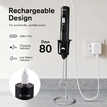 RAFOW Handheld Electric Milk Frother: 3 Speeds & Detachable Double Whisk Drink Mixer, Rechargeable Frother Wand with Stand, Coffee Froth Stirrer for Latte, Cappuccino, Cream, Matcha, Dalgona