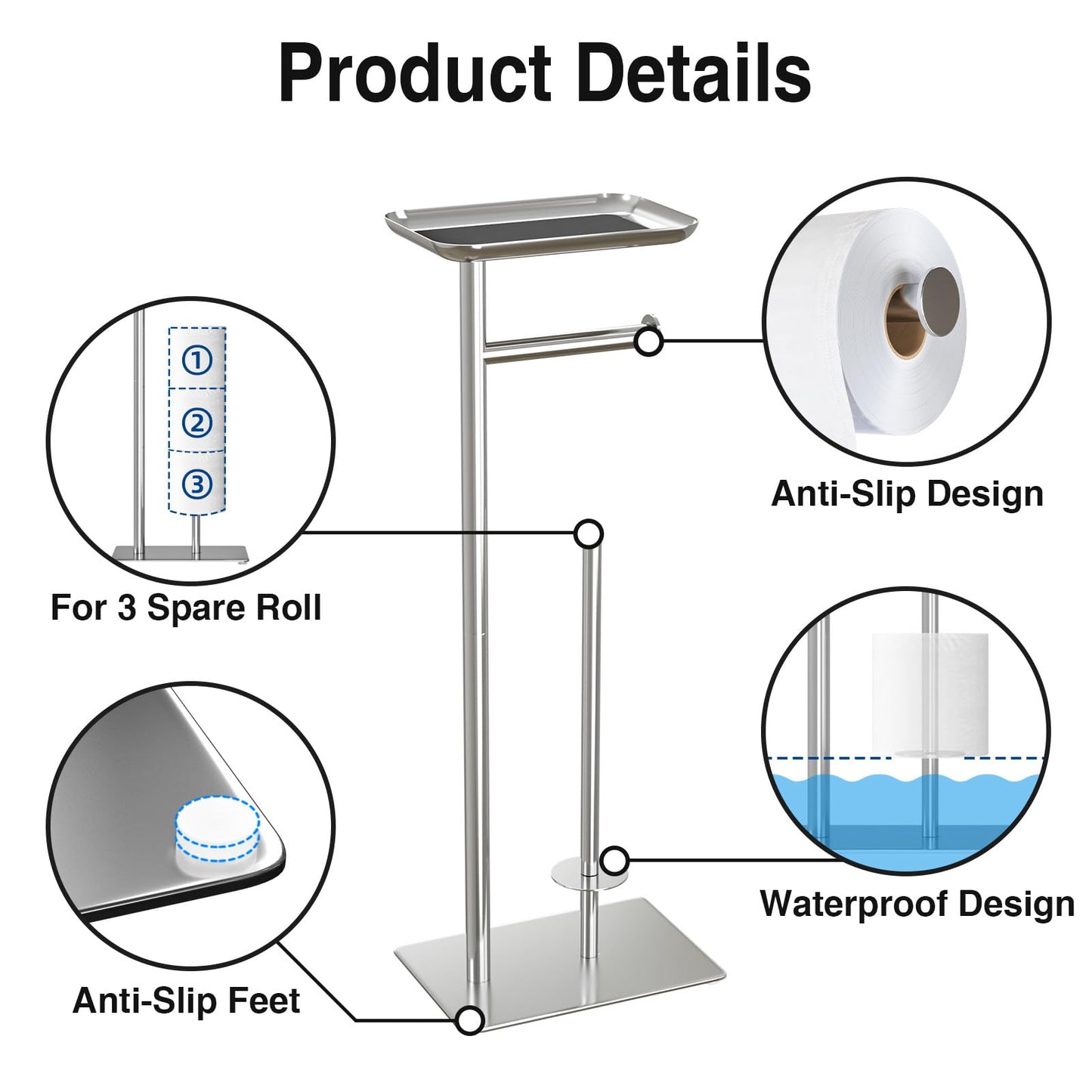 Toilet Paper Holder Stand with Top Storage Shelf, Silver Toilet Paper Roll Holder Free Standing, Floor Standing Toilet Roll Dispenser Storages 4 Reserve Rolls, CAA75CH046