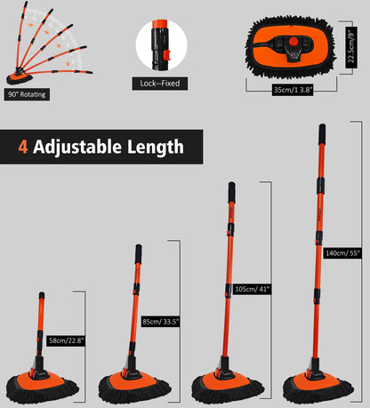 YeewayVeh 140cm 55" Car Wash Brush Mop with Long Handle, 15 Degree Curved Extendable Car Wash Brush with Extra Microfiber Mop Head, Soft Washing Brushes with Storage Bag for Truck SUV Cleaning,Orange