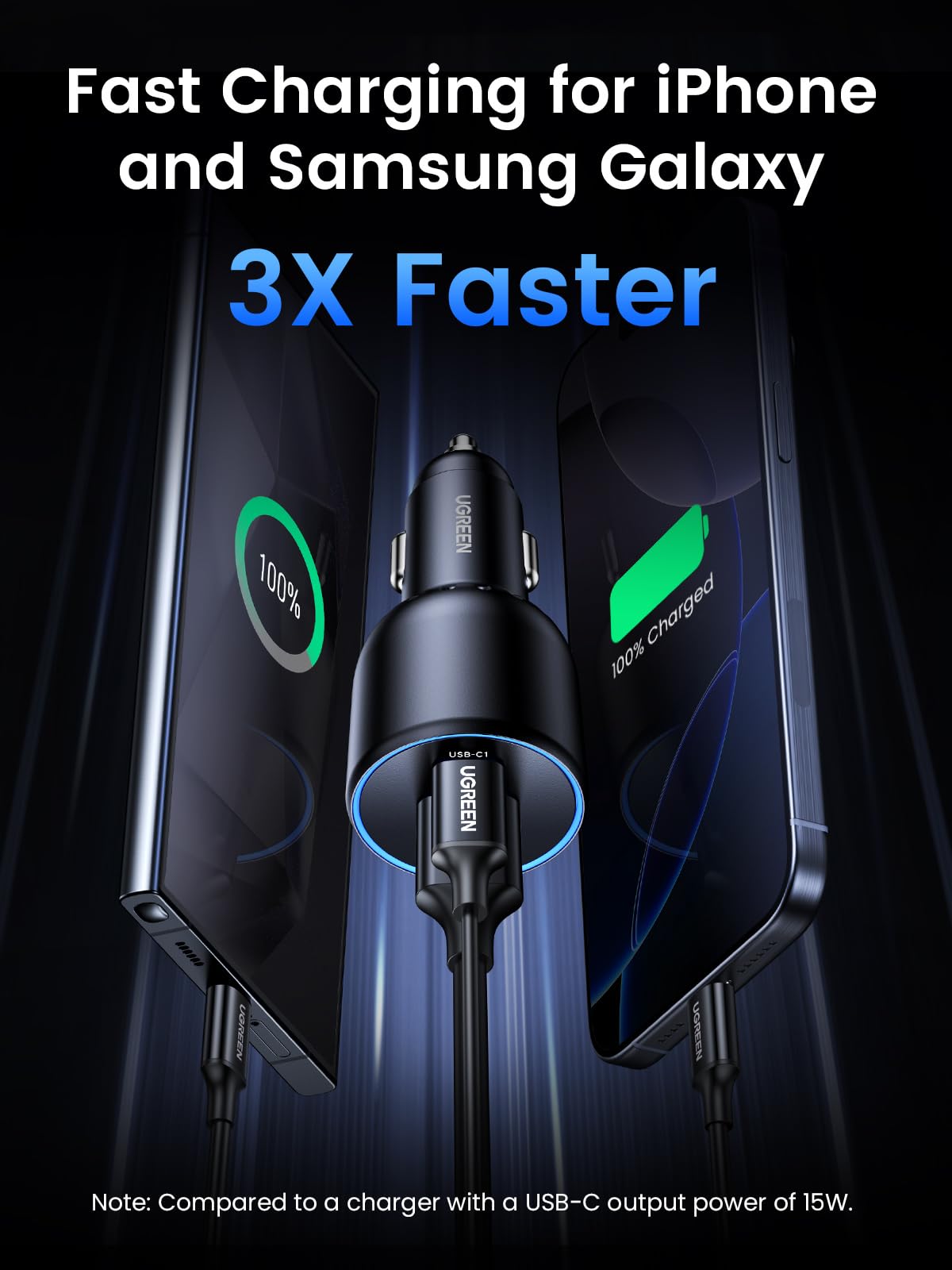 UGREEN 130W Car Charger USB C Fast Charger (with 100W USB C Cable) PD3.0 QC4.0 PPS Fast Charging Car Adapter Compatible with Dell XPS, MacBook, iPhone 17 16 15 14 Pro Max, Galaxy S25 S24 Ultra, iPad