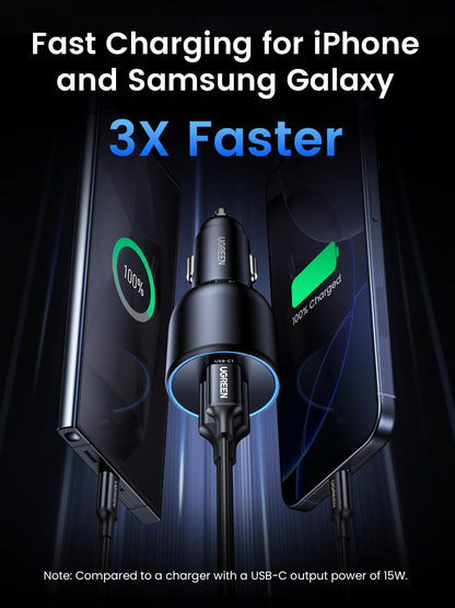 UGREEN 130W Car Charger USB C Fast Charger (with 100W USB C Cable) PD3.0 QC4.0 PPS Fast Charging Car Adapter Compatible with Dell XPS, MacBook, iPhone 17 16 15 14 Pro Max, Galaxy S25 S24 Ultra, iPad