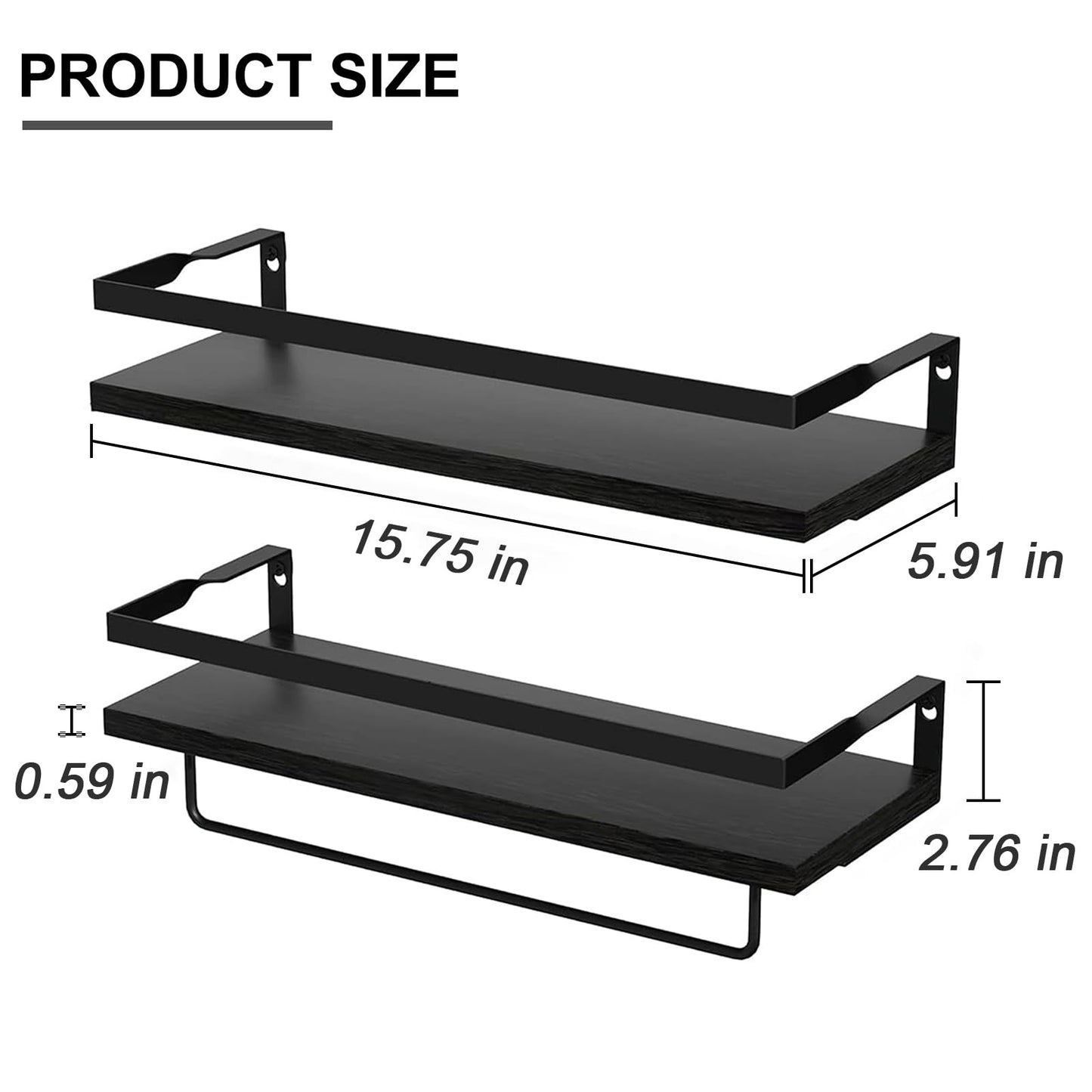 Black Floating Shelves Wall Mounted, Bathroom Wall Shelf with Towel Bar, Wood Decor Rustic Floating Shelves Set of 2, Storage Shelves for Kitchen, Bathroom, Laundry Room etc (Black)