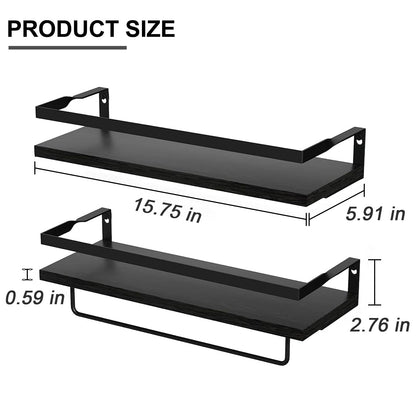 Black Floating Shelves Wall Mounted, Bathroom Wall Shelf with Towel Bar, Wood Decor Rustic Floating Shelves Set of 2, Storage Shelves for Kitchen, Bathroom, Laundry Room etc (Black)