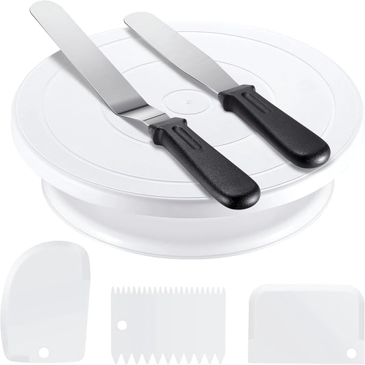 YCbingo 11 Inch Cake Rotating Turntable with 2 Icing Spatula and 3 Icing Smoother, Cake Rotating Turntable Stand White Baking Cake Decorating Supplies (6 PCS)