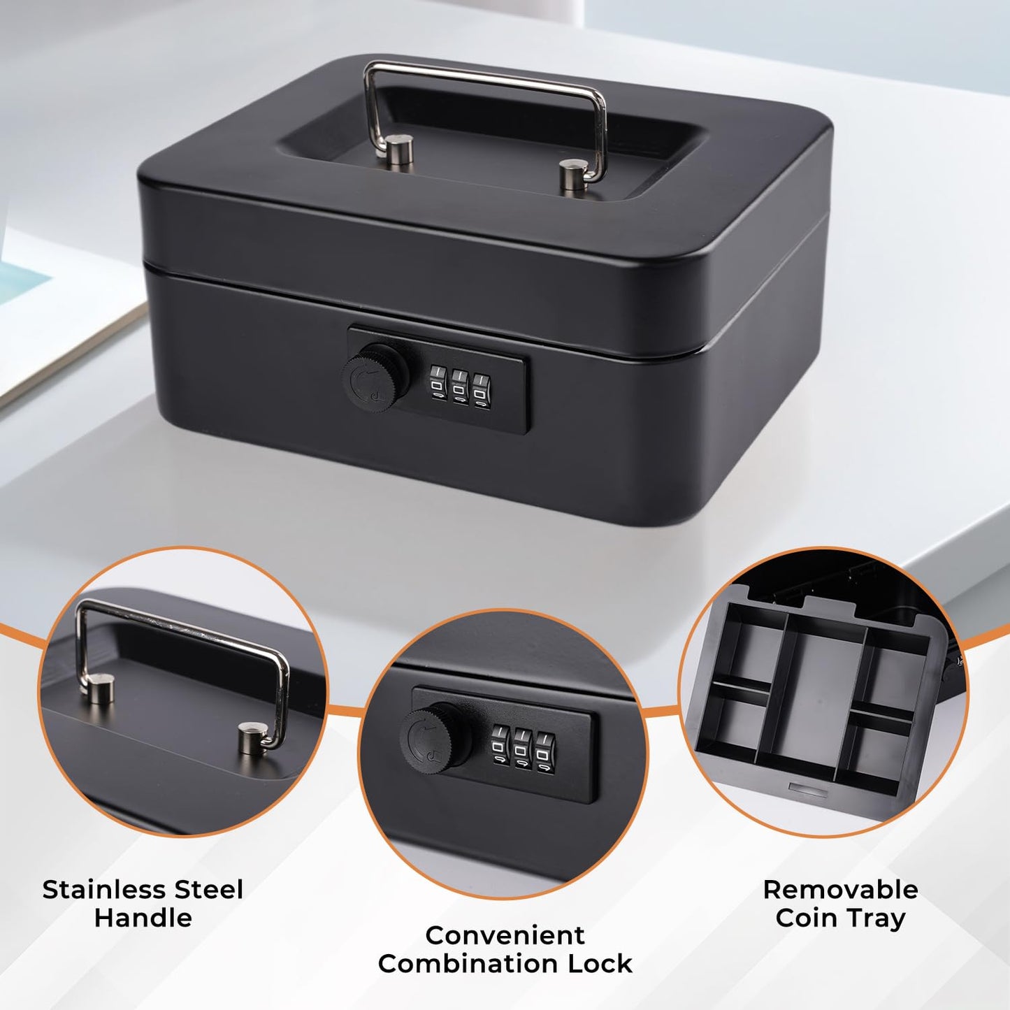 Cash Box with Combination Lock and Money Tray - Metal Money Box for Cash - Lock Box for Money 7.87" x 6.3" x 3.54" - Black