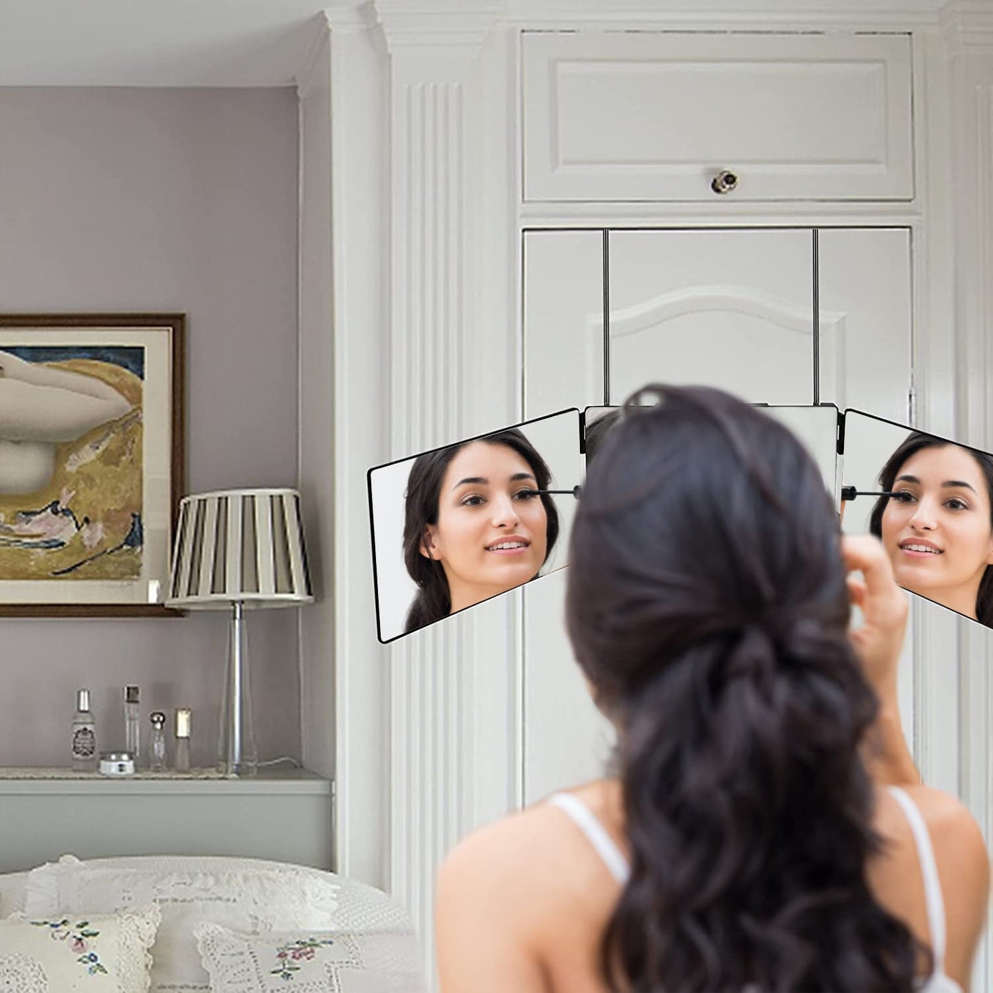 3 Way Mirror for Self Hair Cutting with Hooks, 360° Mirror for Hair Cutting, Tirfold Madeup Mirror with Height Adjustable for Shaving