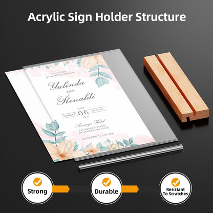 Acrylic Sign Holder 8.5x11, Clear Table Display Stand With Wooden Base, L Shape Slant Back Design Acrylic Frame Plastic Paper Menu Holder Detachable Base Flyer Holder for Office Store Home-3Pack
