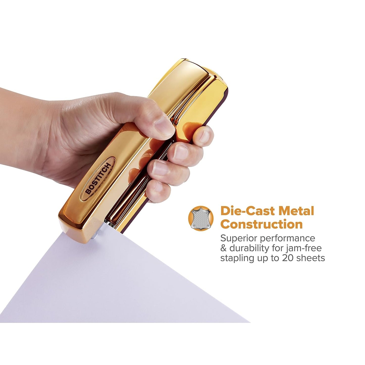 Bostitch Metallic Gold Stapler, All-Metal, 20 Sheets