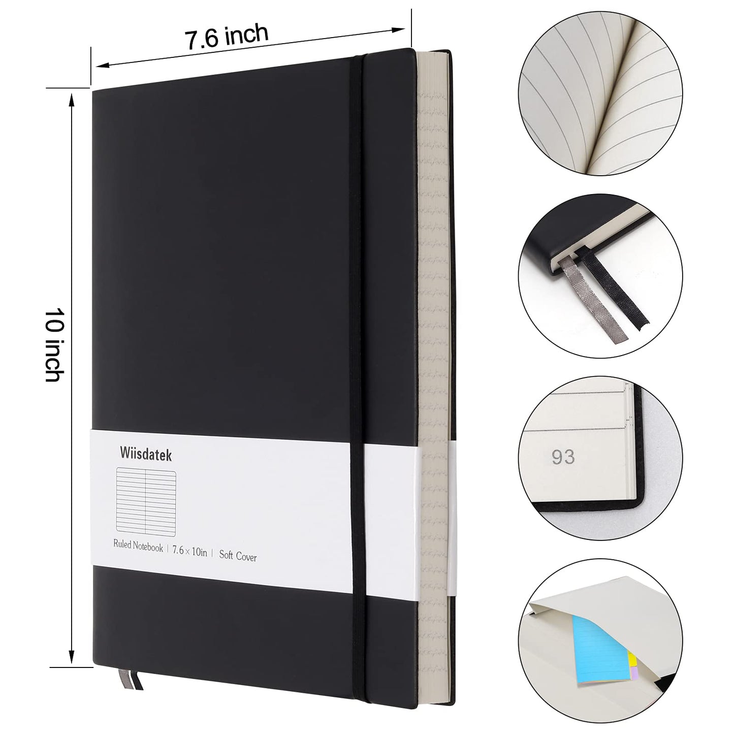 Wiisdatek B5 College Ruled Notebook Softcover Journals(2-Pack) - Large Composition Notebook 7.6 x 10 inch with 100gsm Thick Lined Paper, Total 376 Numbered Pages (Black)