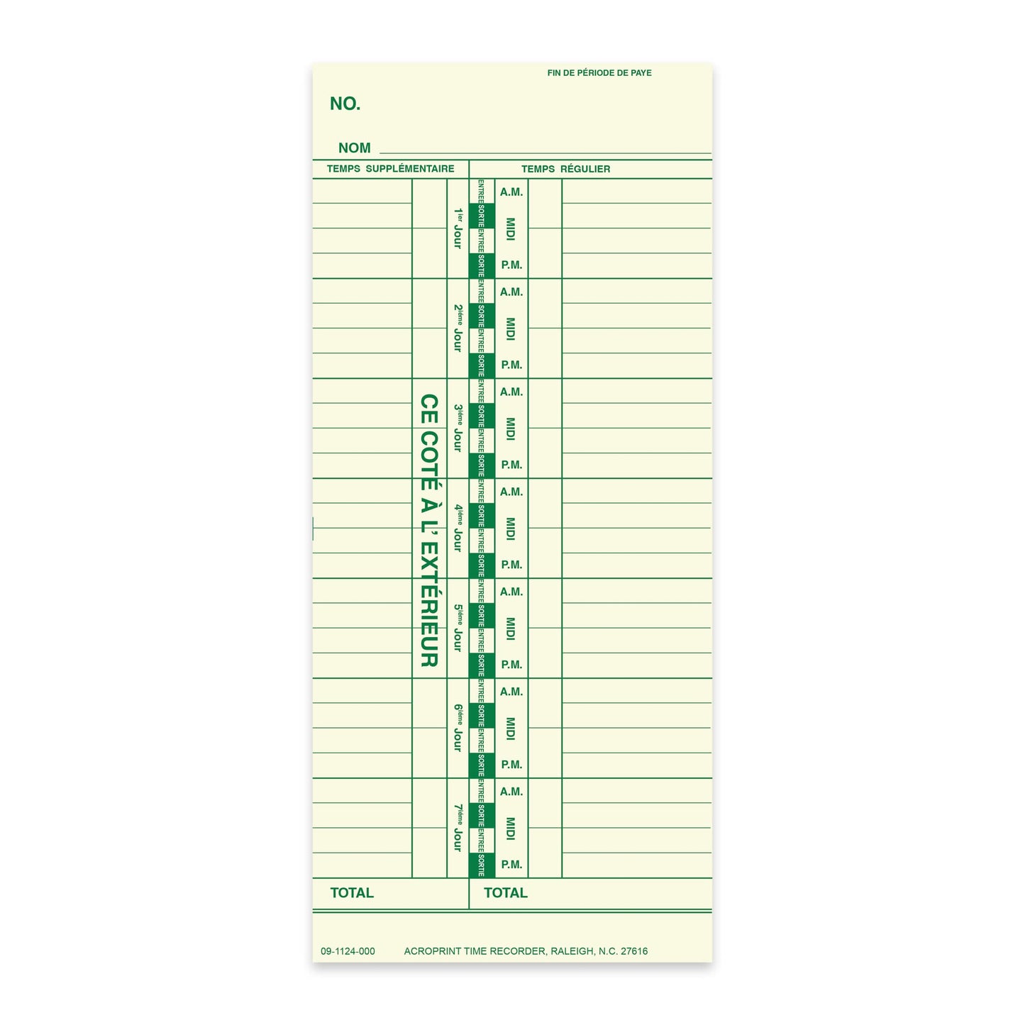 Acroprint Weekly Timecards- 09-1124-000 for ES900/125/150 Models. Bilingual 250 Pack