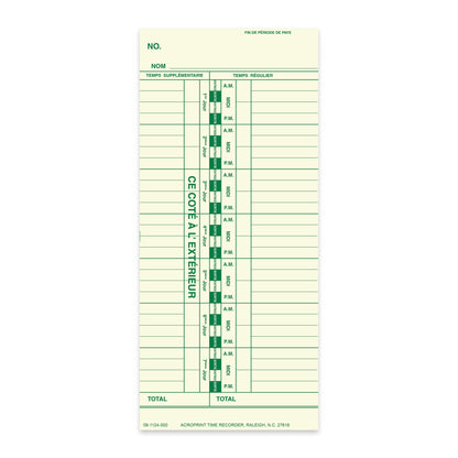 Acroprint Weekly Timecards- 09-1124-000 for ES900/125/150 Models. Bilingual 250 Pack