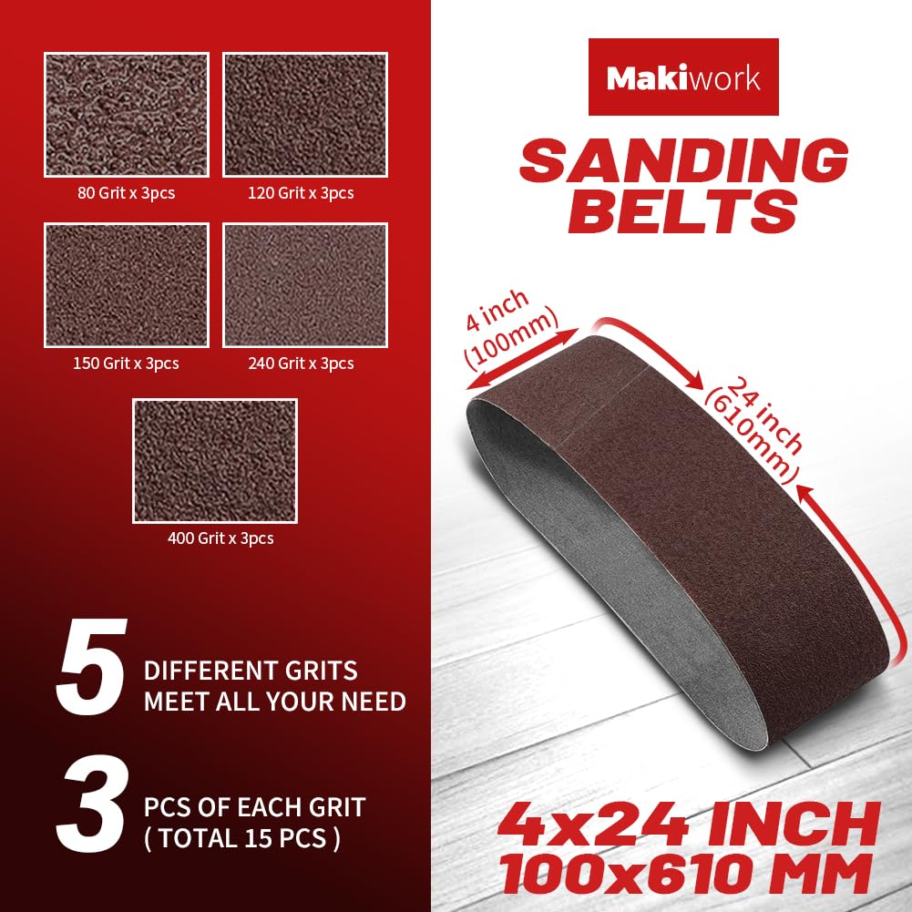 4 x 24 Inch 100 x 610 mm Sanding Belts Set - 15-Pack with 80/120/150/240/400 Grits, Aluminum Oxide Abrasive Belts for Woodworking