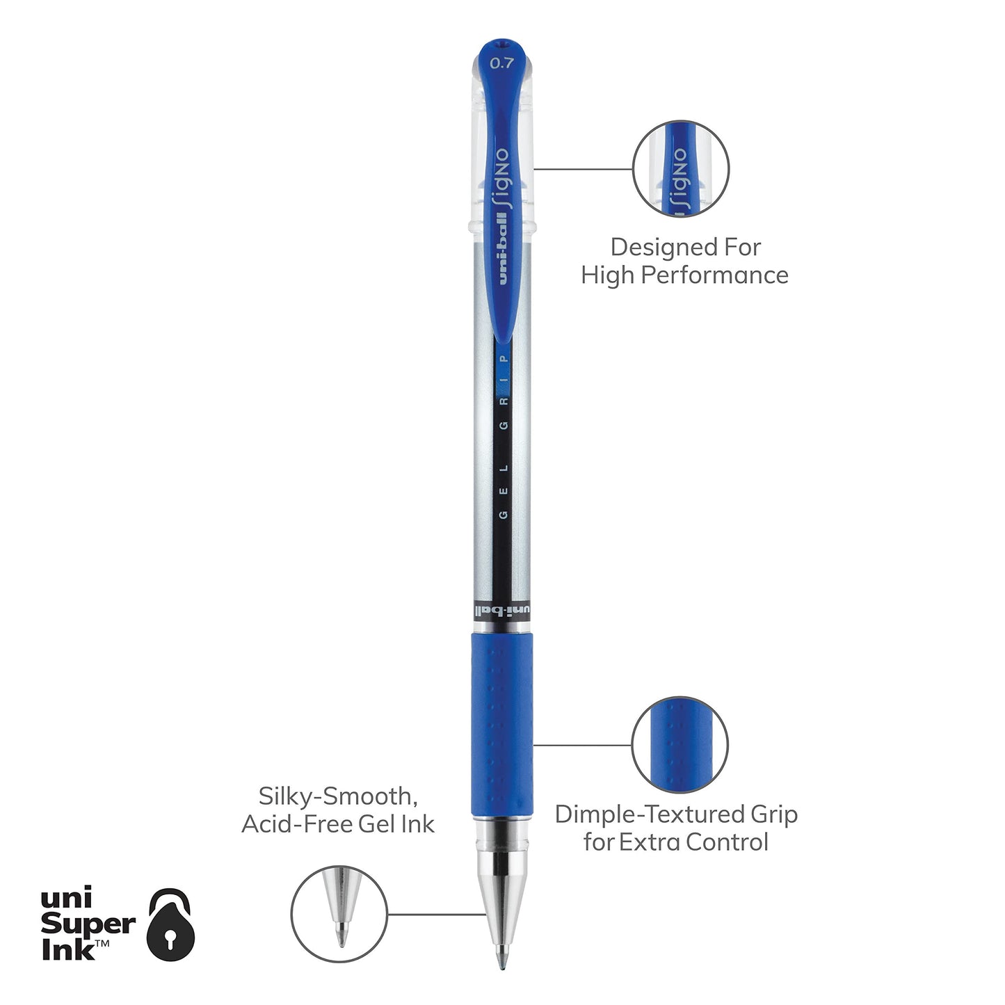 uni-ball Gel Grip Stick Medium Point Gel Pens, 12 Blue Ink Pens(65451)