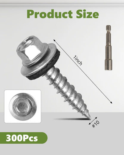 AOKLIT Hex Head Roofing Screws #10 × 1 Inch, 300Pcs Zinc Plated Self Tapping Metal Roof Screws with Rubber Washers for Metal and Corrugated Roofing Panels (Hex Socket Included)