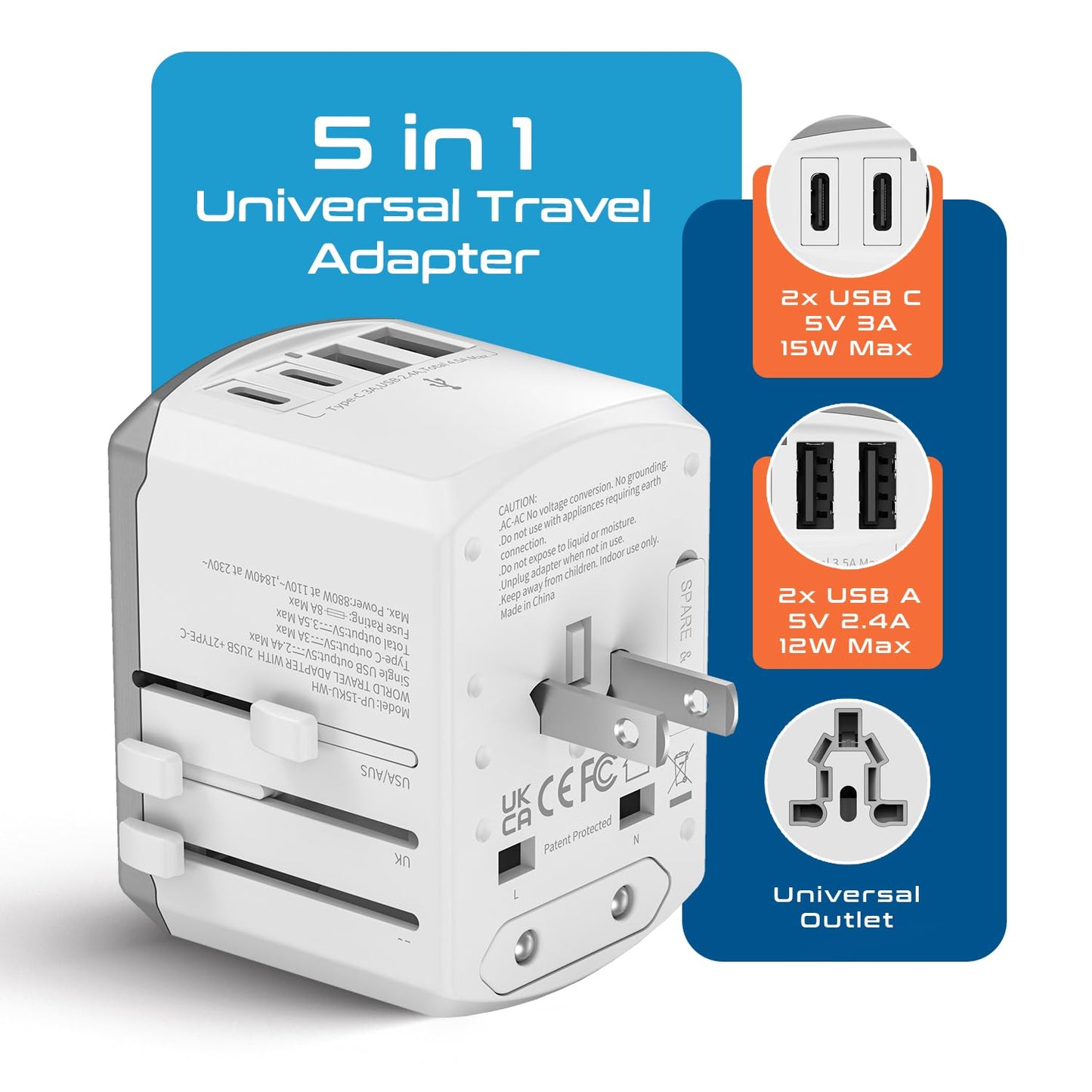 Ceptics Universal Travel Adapter 17.5W, 5 in 1 Universal Laptop Charger with 2X USB-A & USB-C 3.5A for Mobiles, Laptops, Cameras US, UK, EU, AU, All in 1 Type A, C, G, I Output, White