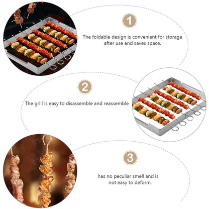 Angoily Stainless Steel Skewer and Grill Rack Set, Barbecue Skewer Rack with Metal Skewers for Grilling Barbecue Shish Kabobs, BBQ Meat, Vegetables, Fruits