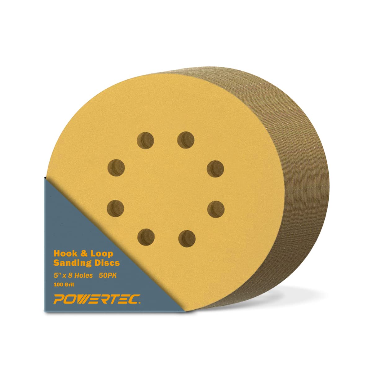 POWERTEC 50 PCS 100 Grit - 5 Inch 8 Hole Hook and Loop Sanding Discs, 5" Sanding Pads for Automotive, Drywall, Woodworking with Orbital Sander, Air, and DA Sander (44010G-50)