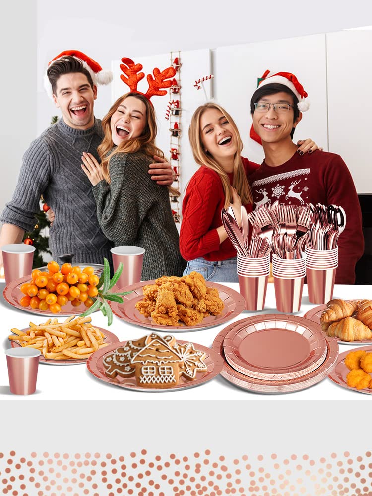 Nkaiso 193 Piece Rosegold Party Tableware, Party Paper Plates and Cutlery Set Includes Plates Cups Dinnerware Napkins, for Birthday Wedding Babyshower Decorations Supplies-24 Guests