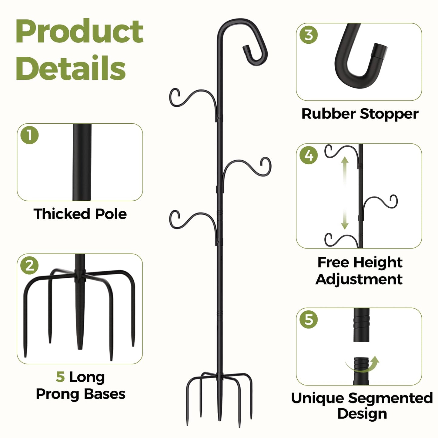 Bamworld 61 Inch Shepherds Hook for Outdoor, 5 Prong Heavy Duty Bird Feeder Pole Stand with Adjustable Hooks for Hanging Plants, Wind Chimes, Garden Decor