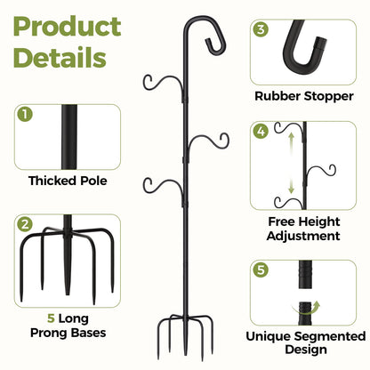 Bamworld 61 Inch Shepherds Hook for Outdoor, 5 Prong Heavy Duty Bird Feeder Pole Stand with Adjustable Hooks for Hanging Plants, Wind Chimes, Garden Decor