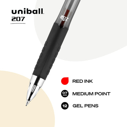 uni-ball 207 Rollerball Gel, Gel Retractable Roller Ball Pen Medium-0.7mm, 12 Pack, Red Ink (33952)