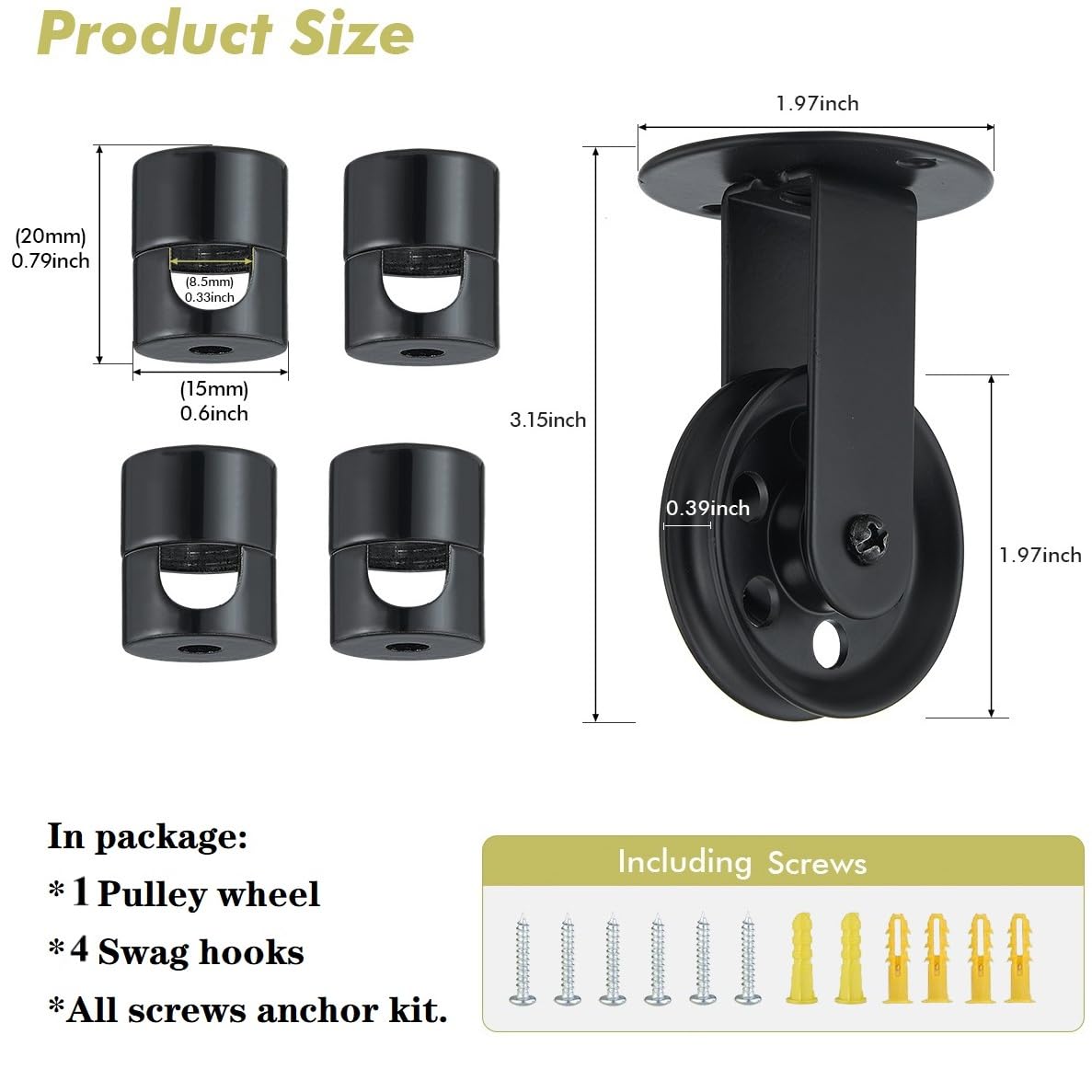 Pulley Wheel for Plug in Pendant Light, Wall Ceiling Mount-Pulley for Hanging Lamp, 1 Pack PulleyWheel and 4 Pack Swag Hooks for Hanging Electric Wire Cable Cord Chandelier Plant Grow Lights (Black)