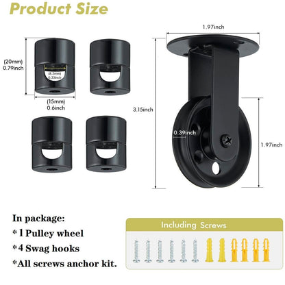 Pulley Wheel for Plug in Pendant Light, Wall Ceiling Mount-Pulley for Hanging Lamp, 1 Pack PulleyWheel and 4 Pack Swag Hooks for Hanging Electric Wire Cable Cord Chandelier Plant Grow Lights (Black)