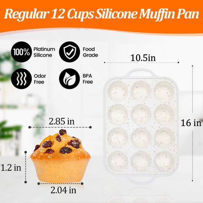 Silicone Muffin Pan, with Metal Reinforced Frame 2.8 Inch Regular Size Silicone Cupcake Pan Nonstick 12 Cups for Baking Homemade Muffins, Cupcakes, Egg Bites 2 Pack Dishwasher Safe BPA Free