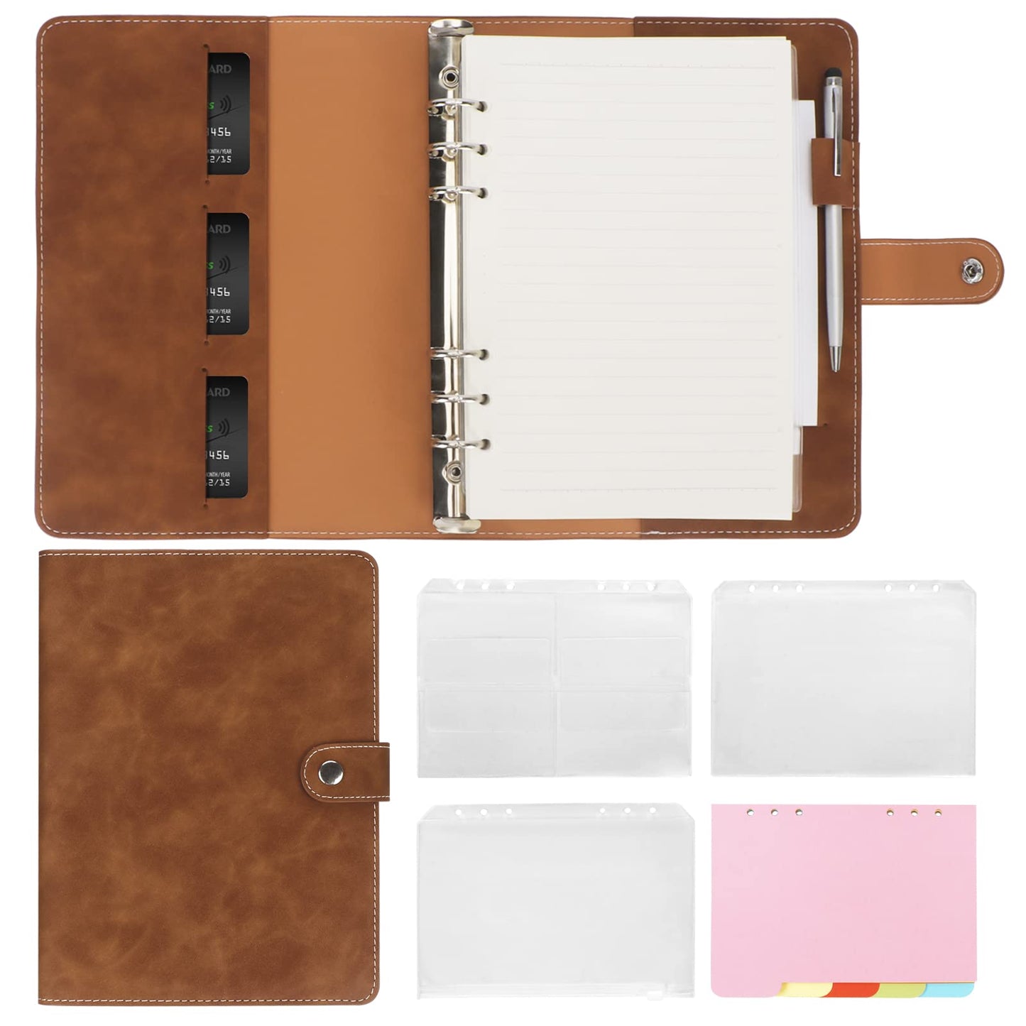Colacoo Leather A5 Binder Notebook 6 Ring, Refillable Planner with Pockets, Dividers, Refill Paper, Travel Journal Cover Brown
