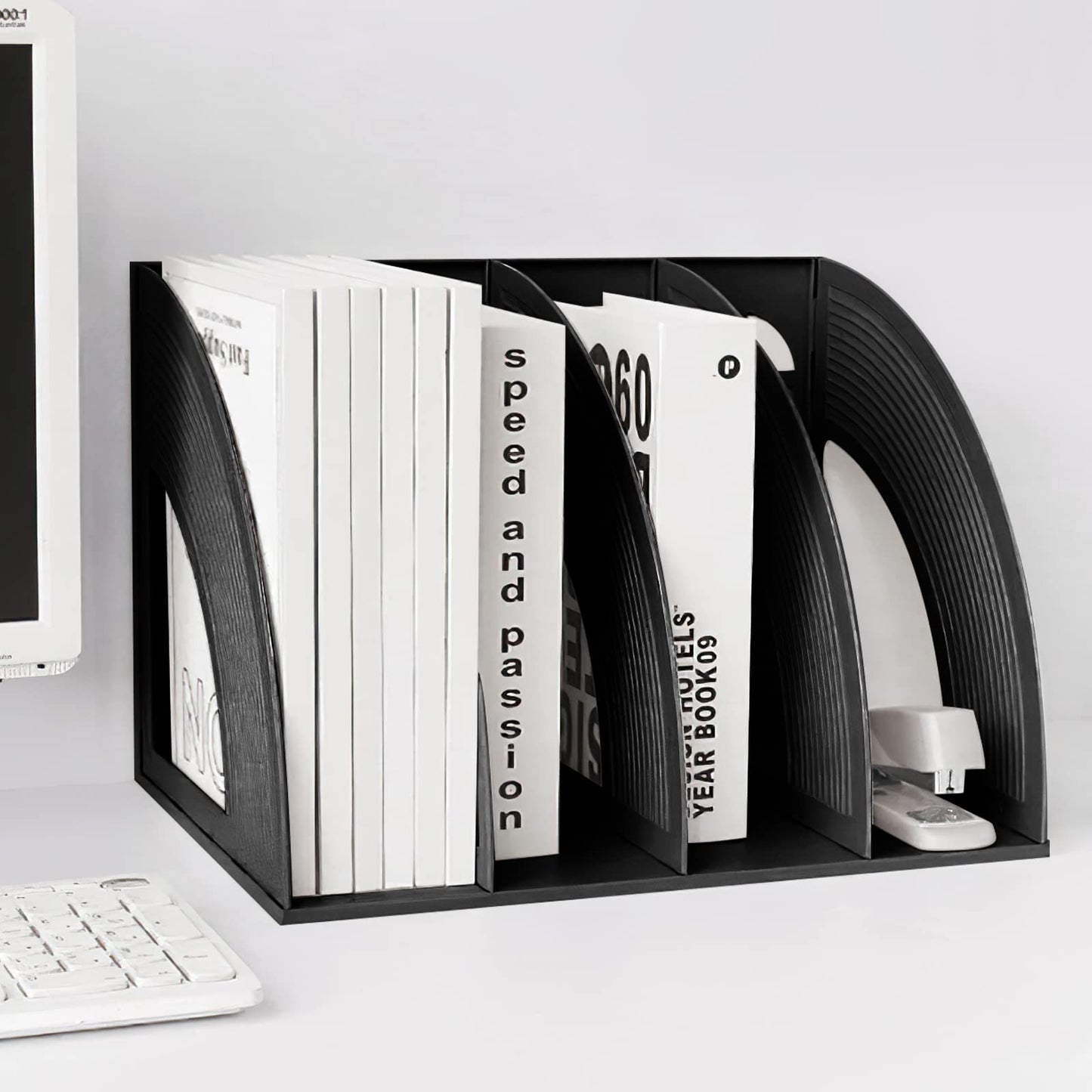 SAYEEC Sturdy Desktop 4 Compartment Black Magazine Holder Plastic Desk File Folder Office Organizer File Dividers Document Cabinet Rack Storage Box