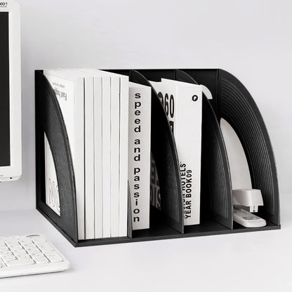 SAYEEC Sturdy Desktop 4 Compartment Black Magazine Holder Plastic Desk File Folder Office Organizer File Dividers Document Cabinet Rack Storage Box