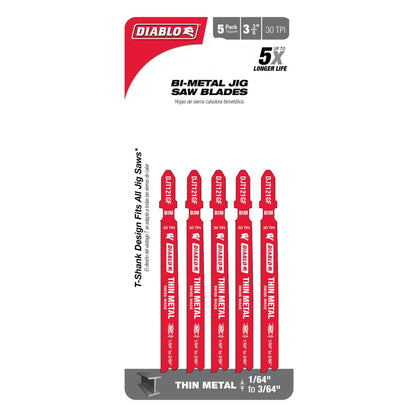 Diablo DJT121GF5 3-5/8" 30TPI Bi-Metal Jig Saw Blades for Thin Metal (5-Pack)