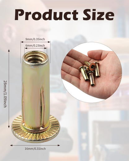 AOKLIT 50 Pcs Multi-Grip Rivet-Nuts, 1/4-20 Rivet Nut Steel Pre-Bulbed Shank, Plus Nut Color Zinc Plated Flat Head Threaded Insert Nut