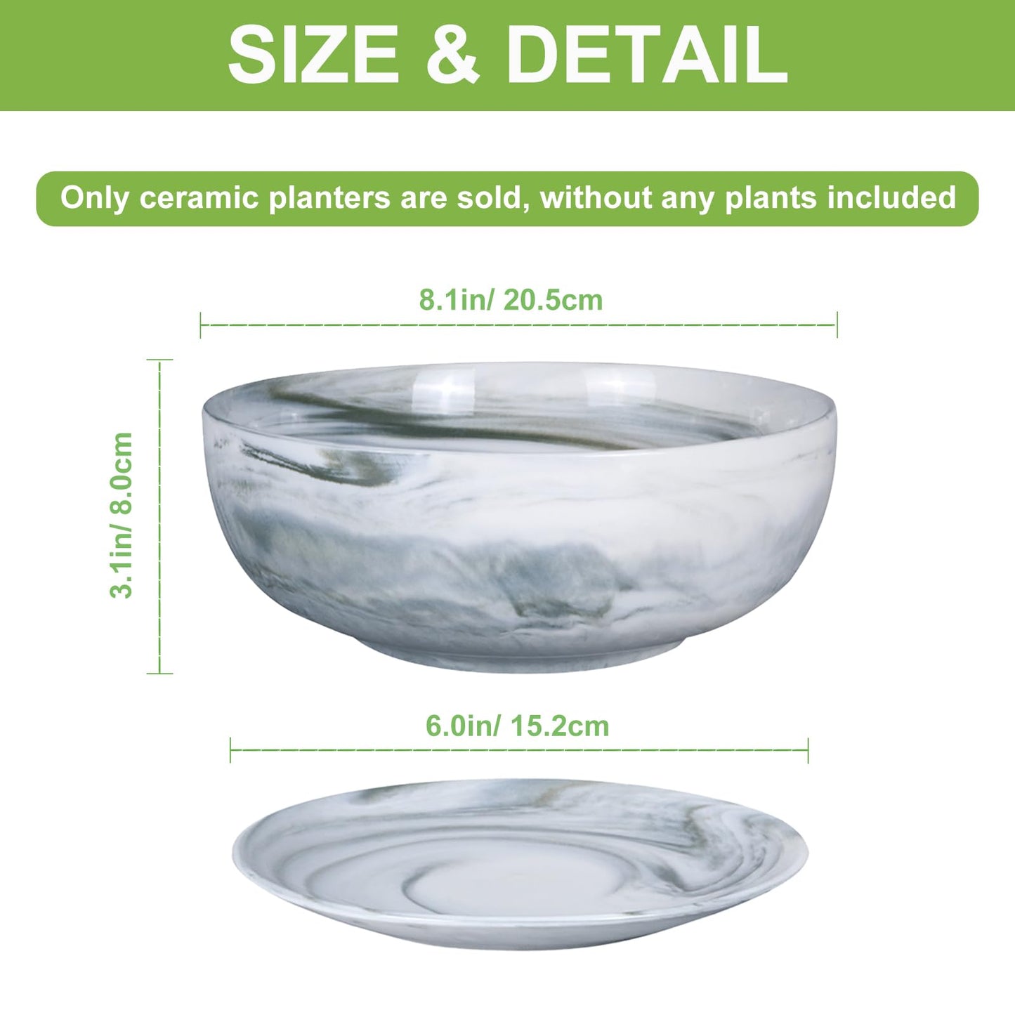 8in Marble Large Round Succulent Planter Pot Modern Flower Pot Indoor and Outdoor Planter with Marble Tray