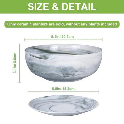 8in Marble Large Round Succulent Planter Pot Modern Flower Pot Indoor and Outdoor Planter with Marble Tray
