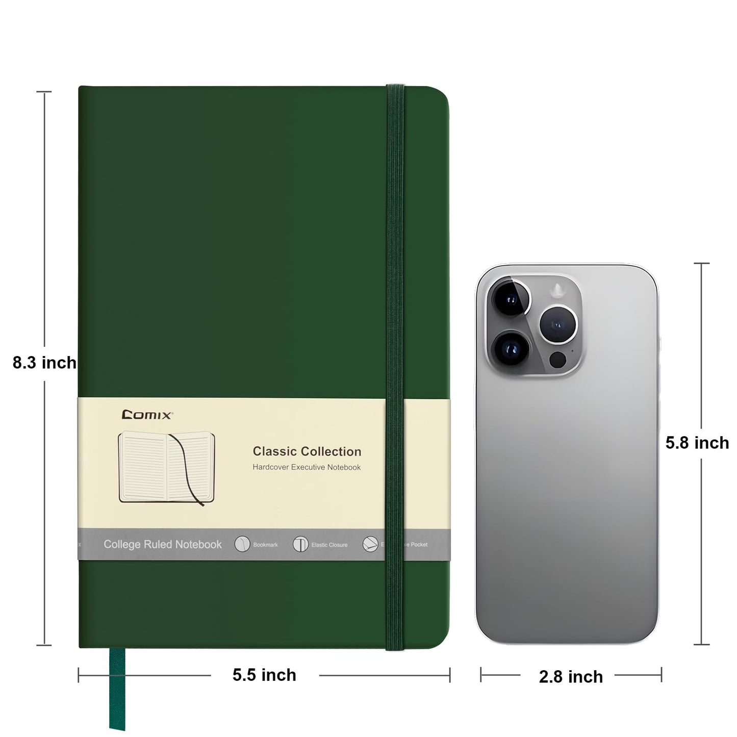 COMIX A4 Hardcover Journal Notebook, 240 Pages, College Ruled,8.5" x 11" Vegan Leather Notebook with Elastic Band for Work, School, Travel, Business,Dark Green