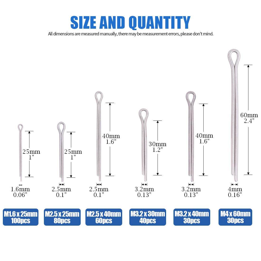 Glarks 340-Pieces 6 Sizes 304 Stainless Steel Cotter Pin Clip Key Fastner Fitting Assortment Kit For Automotive, Mechanics, Car Garage, Power Equipment, Cars, Trucks, Lawn Mower, Small Engine Repair