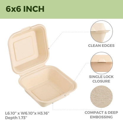 Clamshell Take Out Food Containers with Oil Paper, 6x6" 50-Pack Heavy-Duty Quality to go Containers, Natural Disposable Bagasse, Eco-Friendly Biodegradable Made of Sugar Cane Fibers