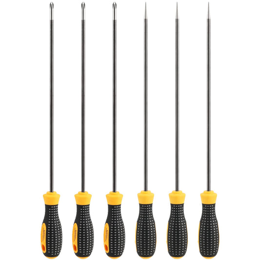 SEUNMUK 6 PCS 12 Inch Long Magnetic Precision Screw Driver Tool Set, 3 Flat Head and 3 Cross Head Screwdriver Set, Magnetic Long Screwdriver Set with Rubber Handle